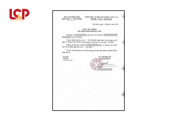 Giấy xác nhận nhận đơn kháng cáo của bị đơn